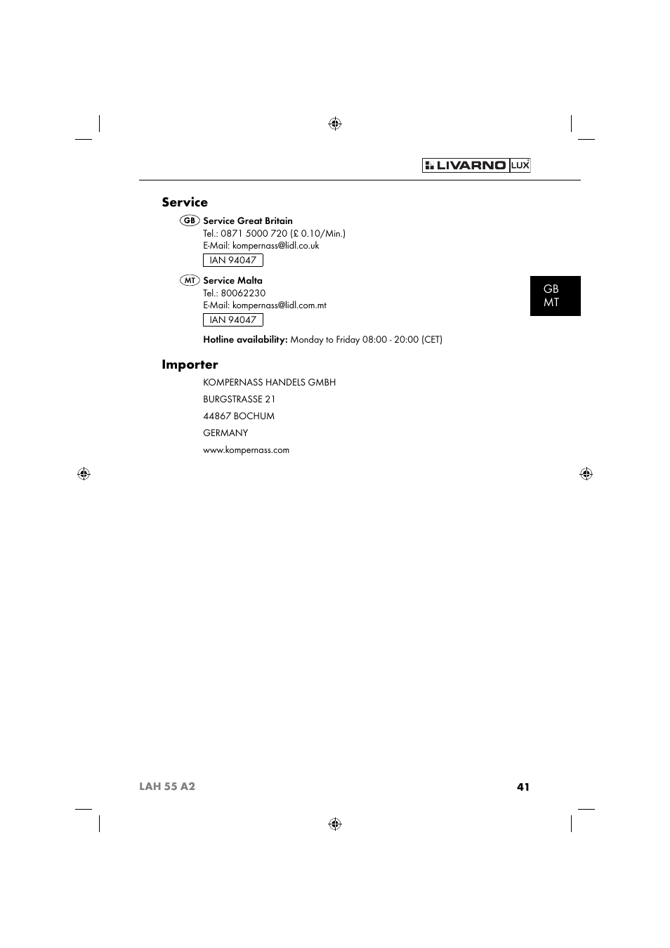 Service, Importer, Gb mt | Livarno LAH 55 A2 User Manual | Page 44 / 60