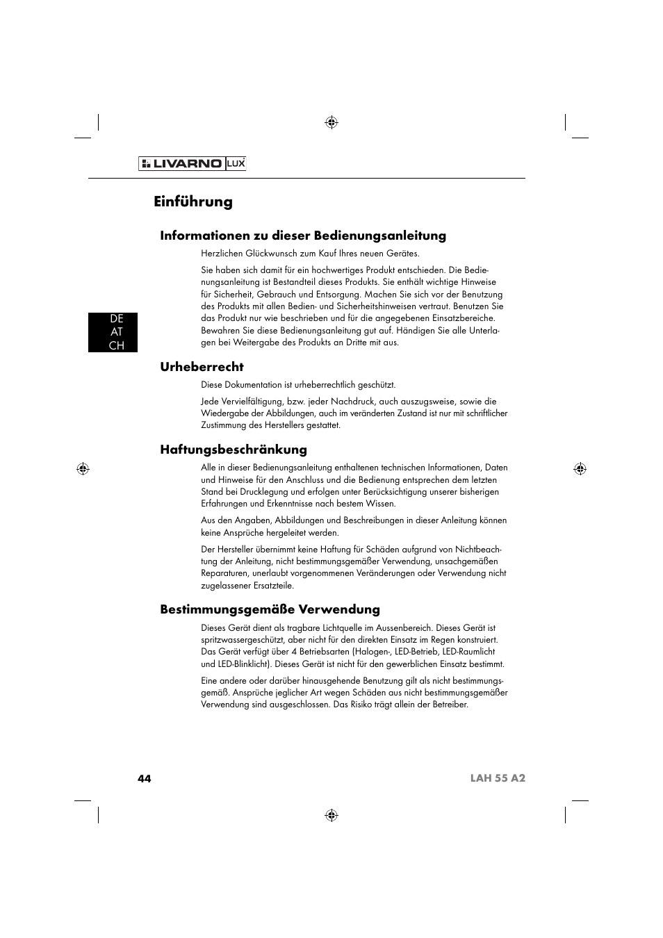 Einführung, Informationen zu dieser bedienungsanleitung, Urheberrecht | Haftungsbeschränkung, Bestimmungsgemäße verwendung, De at ch | Livarno LAH 55 A2 User Manual | Page 47 / 60