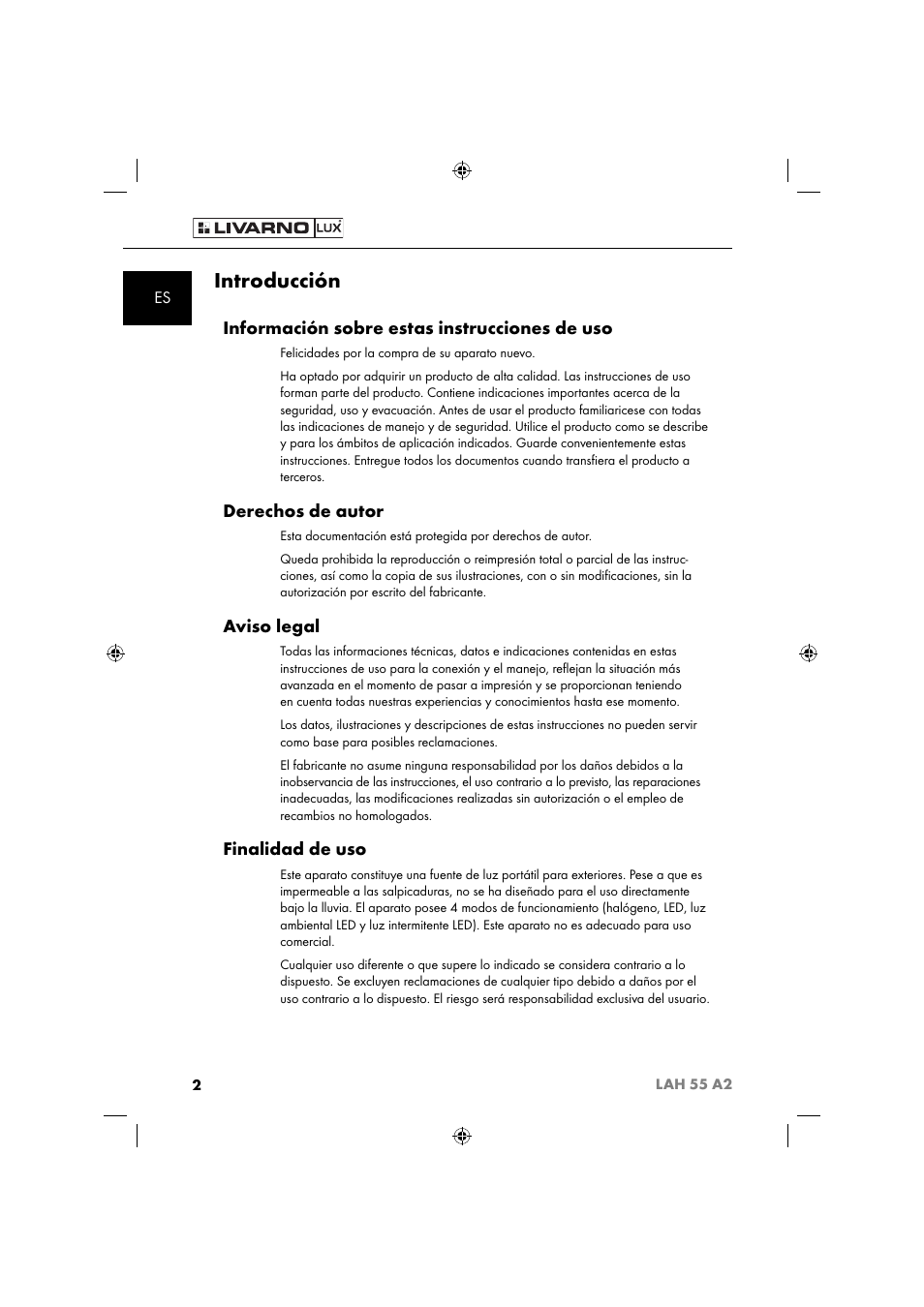 Introducción, Información sobre estas instrucciones de uso, Derechos de autor | Aviso legal, Finalidad de uso | Livarno LAH 55 A2 User Manual | Page 5 / 60