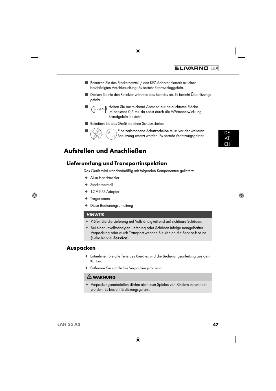 Aufstellen und anschließen, Lieferumfang und transportinspektion, Auspacken | De at ch | Livarno LAH 55 A2 User Manual | Page 50 / 60