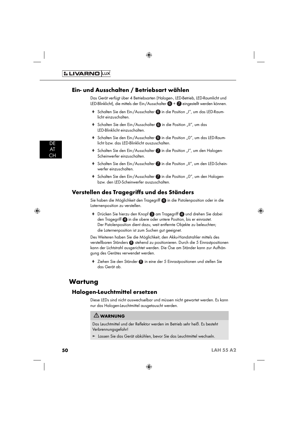 Wartung, Ein- und ausschalten / betriebsart wählen, Verstellen des tragegriﬀ s und des ständers | Halogen-leuchtmittel ersetzen, De at ch | Livarno LAH 55 A2 User Manual | Page 53 / 60