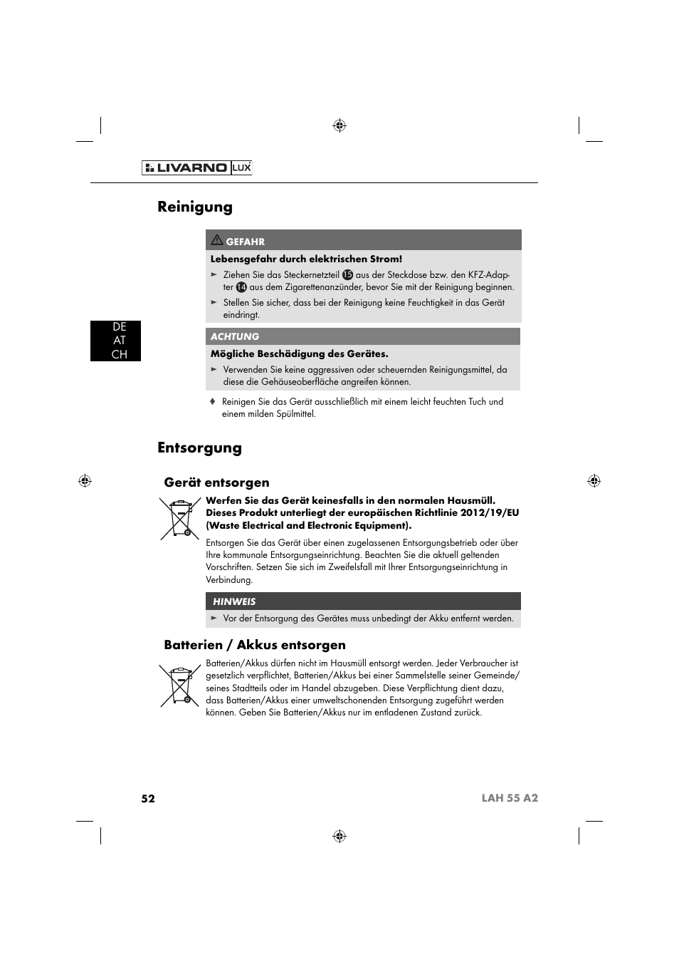 Reinigung, Entsorgung, Gerät entsorgen | Batterien / akkus entsorgen, De at ch | Livarno LAH 55 A2 User Manual | Page 55 / 60