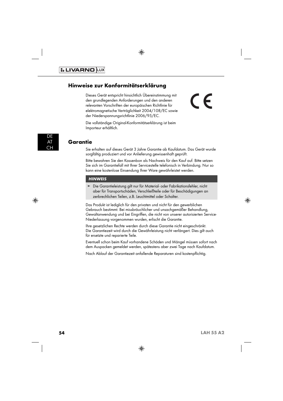 Hinweise zur konformitätserklärung, Garantie, De at ch | Livarno LAH 55 A2 User Manual | Page 57 / 60