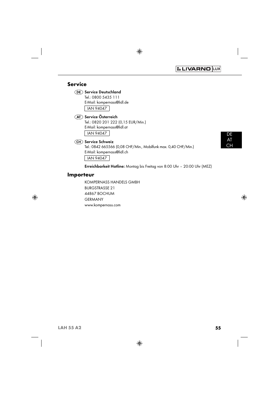 Service, Importeur, De at ch | Livarno LAH 55 A2 User Manual | Page 58 / 60