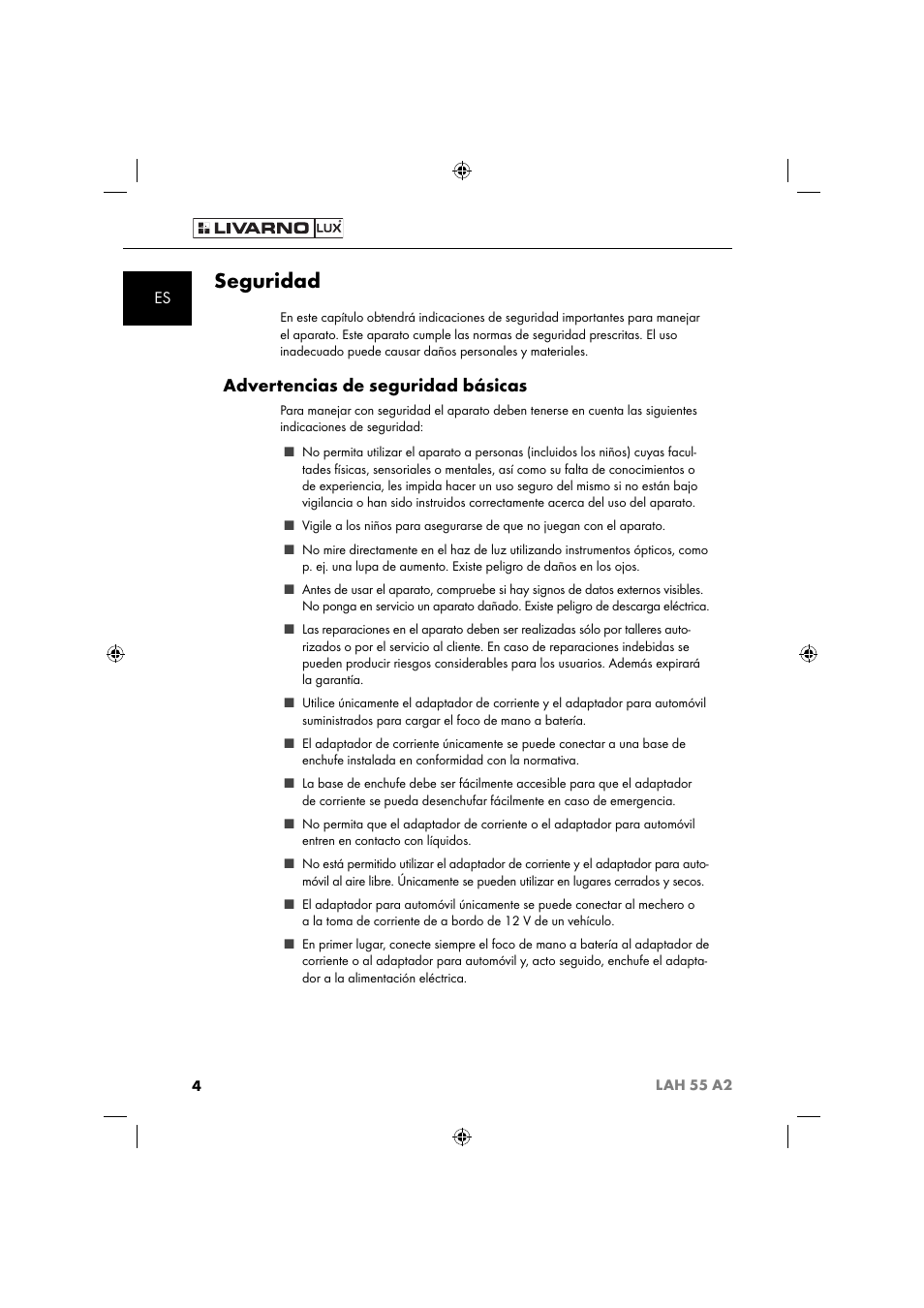 Seguridad, Advertencias de seguridad básicas | Livarno LAH 55 A2 User Manual | Page 7 / 60