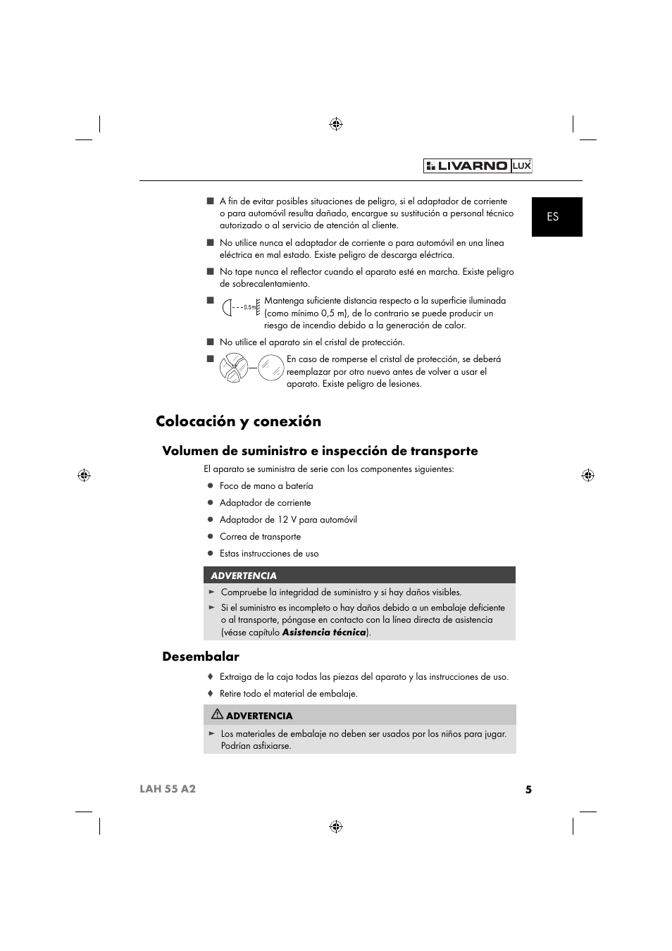 Colocación y conexión, Volumen de suministro e inspección de transporte, Desembalar | Livarno LAH 55 A2 User Manual | Page 8 / 60