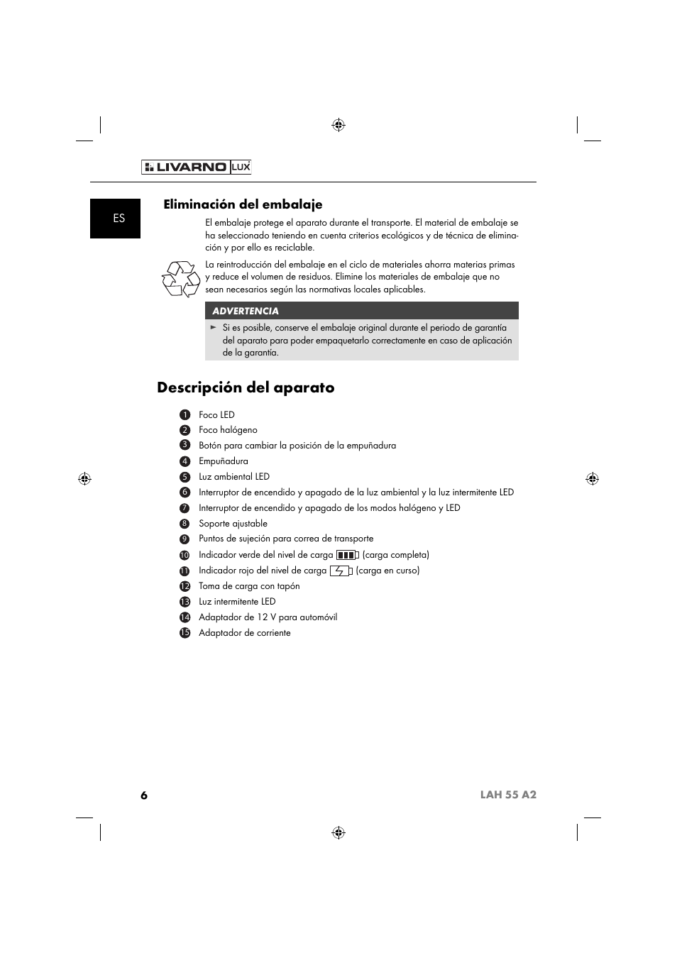 Descripción del aparato, Eliminación del embalaje | Livarno LAH 55 A2 User Manual | Page 9 / 60