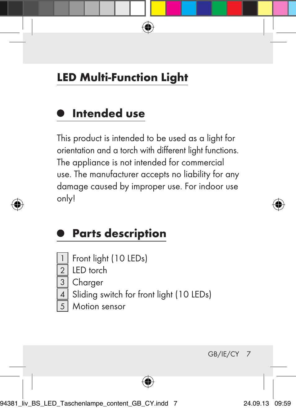 Led multi-function light, Intended use, Parts description | Livarno Z31330-BS User Manual | Page 7 / 30