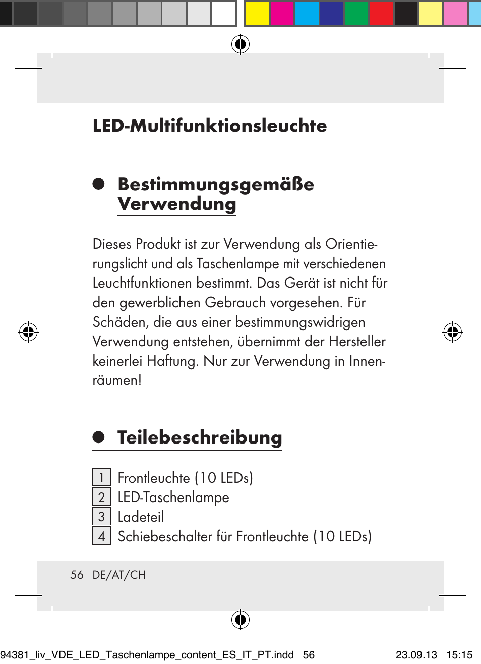 Led-multifunktionsleuchte, Bestimmungsgemäße verwendung, Teilebeschreibung | Livarno Z31330-BS User Manual | Page 56 / 67