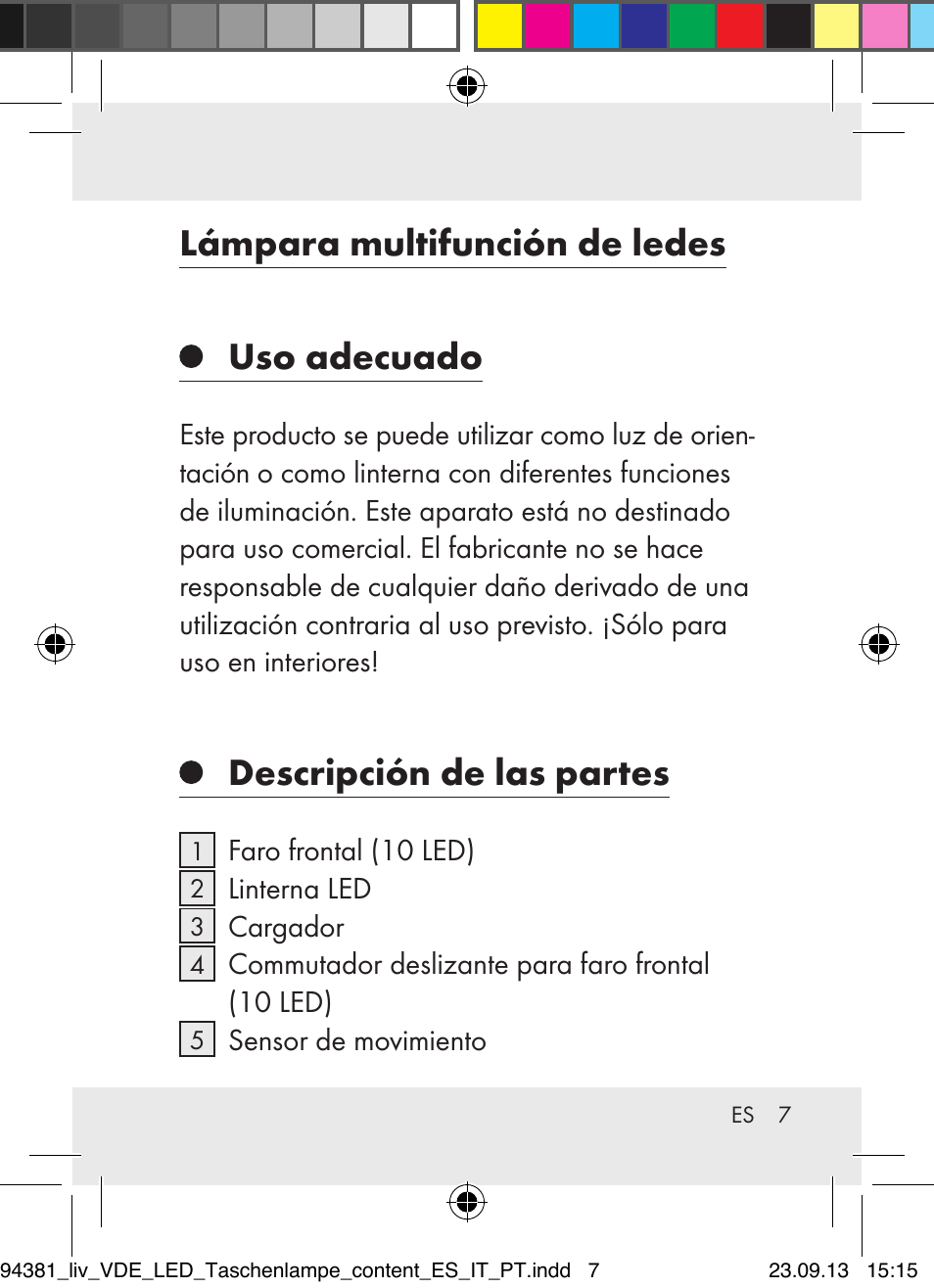 Lámpara multifunción de ledes uso adecuado, Descripción de las partes | Livarno Z31330-BS User Manual | Page 7 / 67