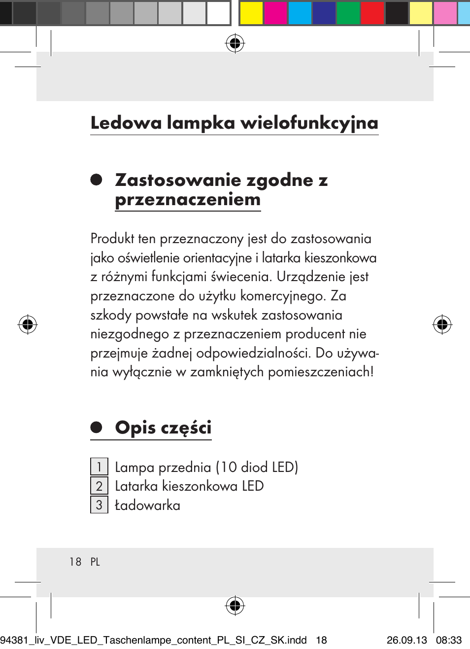 Ledowa lampka wielofunkcyjna, Zastosowanie zgodne z przeznaczeniem, Opis części | Livarno Z31330-BS User Manual | Page 18 / 80