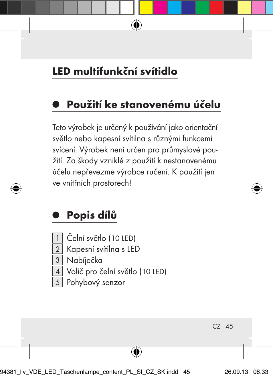 Led multifunkční svítidlo, Použití ke stanovenému účelu, Popis dílů | Livarno Z31330-BS User Manual | Page 45 / 80