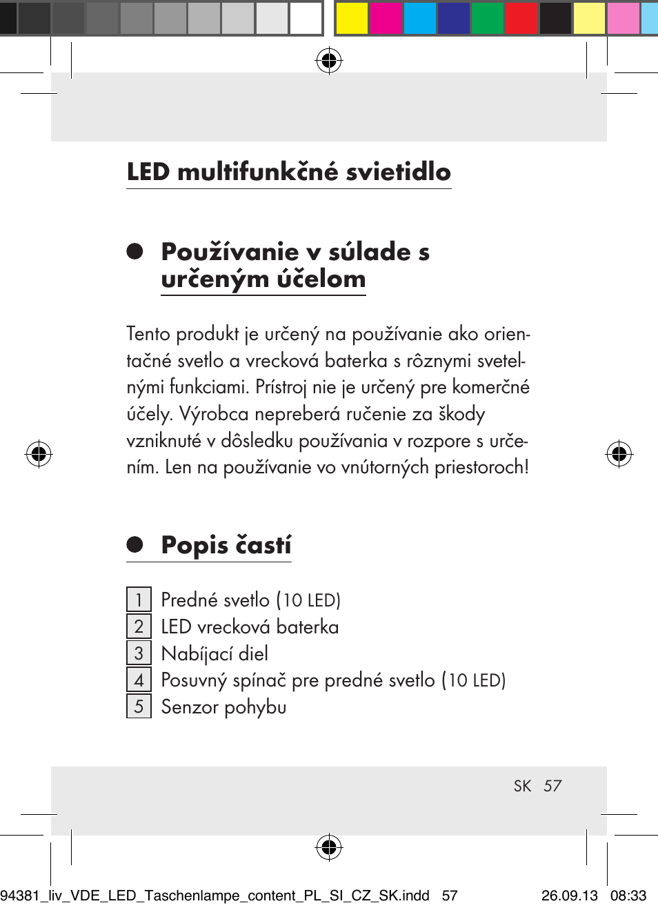 Led multifunkčné svietidlo, Používanie v súlade s určeným účelom, Popis častí | Livarno Z31330-BS User Manual | Page 57 / 80