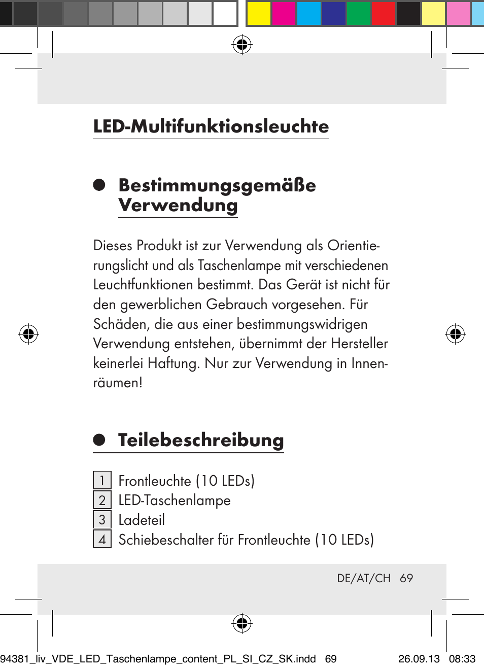 Led-multifunktionsleuchte, Bestimmungsgemäße verwendung, Teilebeschreibung | Livarno Z31330-BS User Manual | Page 69 / 80