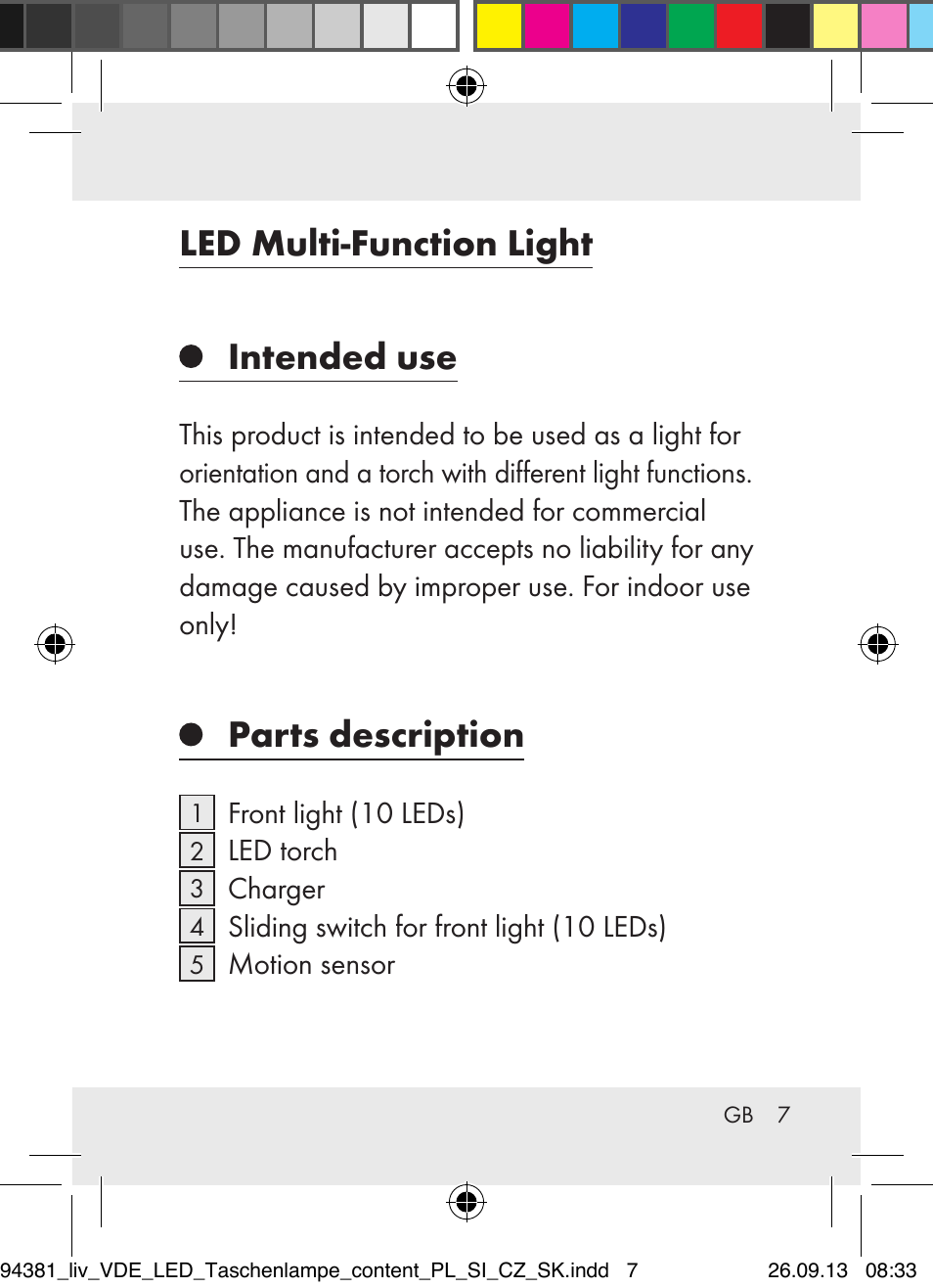 Led multi-function light, Intended use, Parts description | Livarno Z31330-BS User Manual | Page 7 / 80