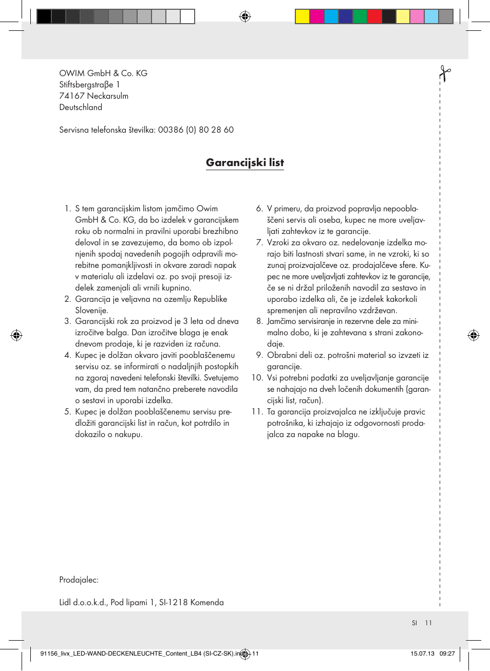 Garancijski list | Livarno Z31667A, Z31667B User Manual | Page 11 / 29