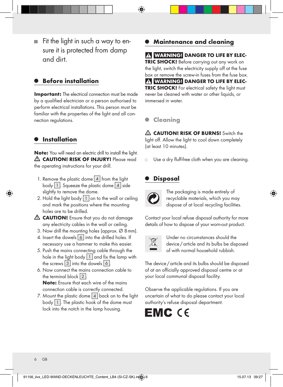 Before installation, Installation, Maintenance and cleaning | Cleaning, Disposal | Livarno Z31667A, Z31667B User Manual | Page 6 / 29