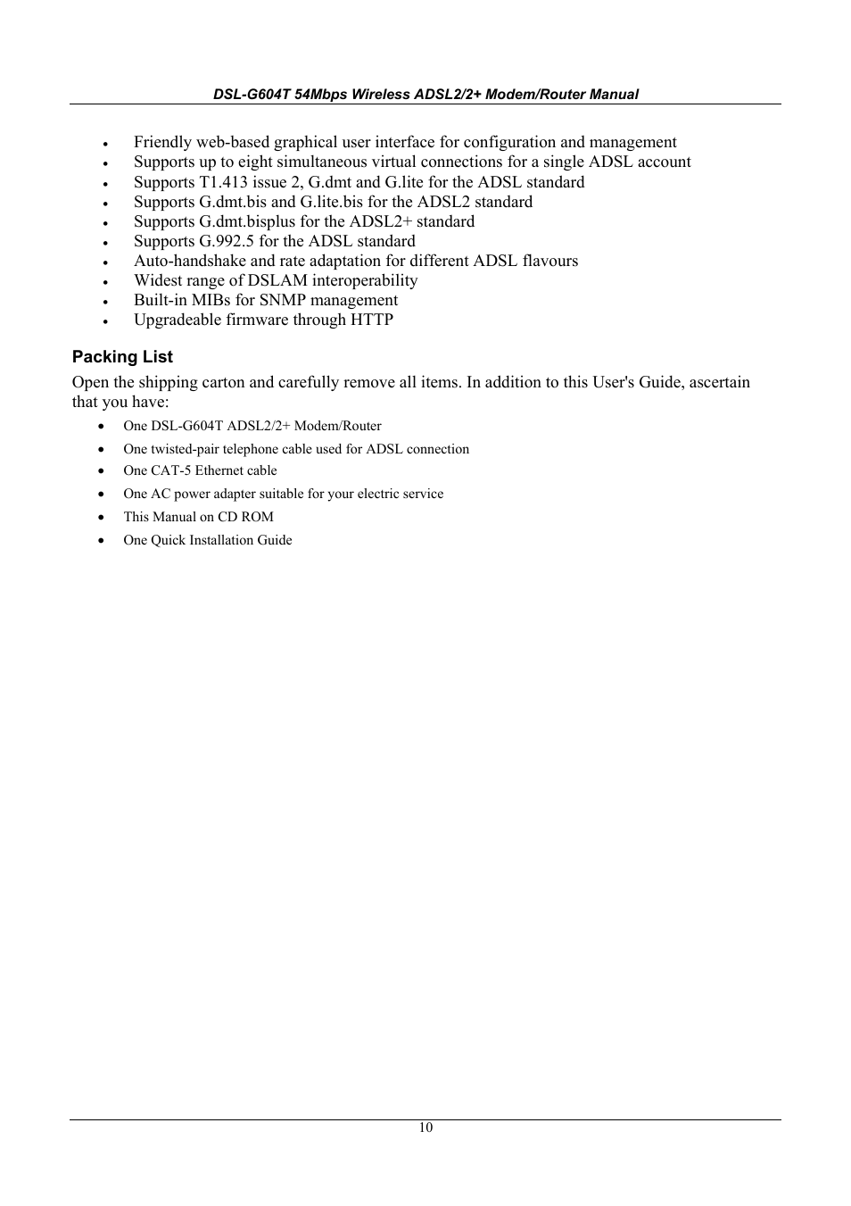 D-Link WIRELESSADSLROUTER DSL-G604T User Manual | Page 10 / 92