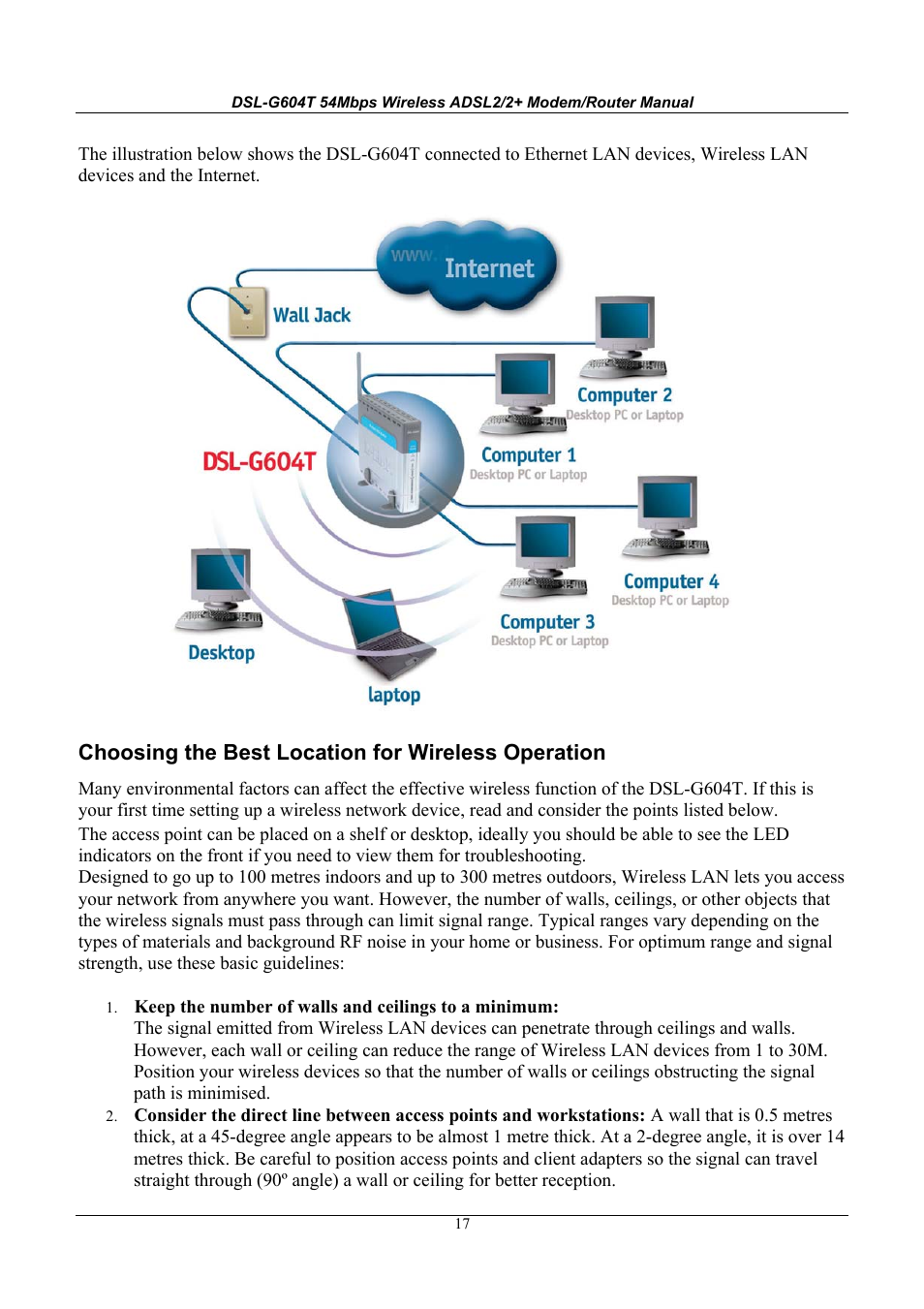 Choosing the best location for wireless operation | D-Link WIRELESSADSLROUTER DSL-G604T User Manual | Page 17 / 92