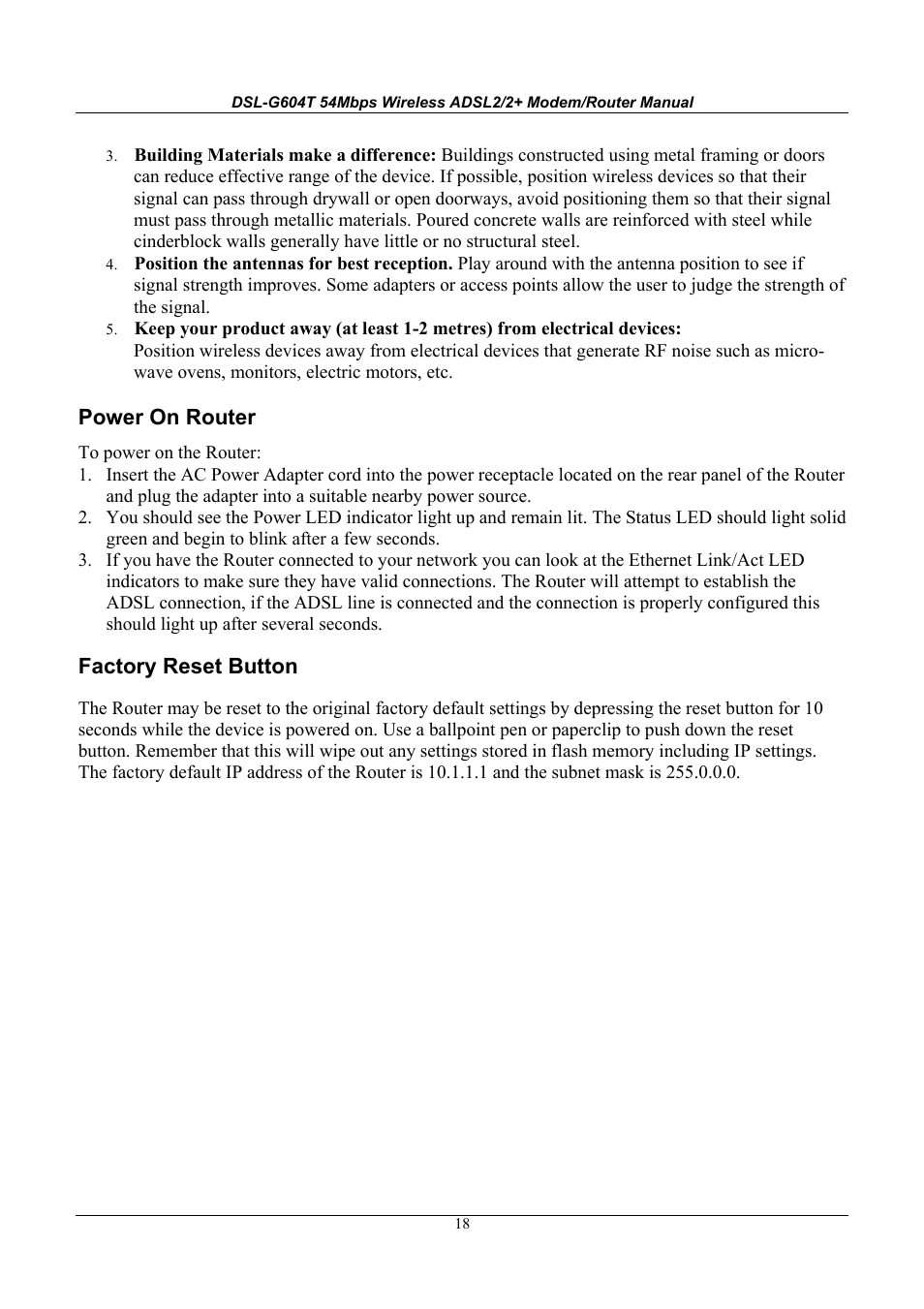 Power on router, Factory reset button | D-Link WIRELESSADSLROUTER DSL-G604T User Manual | Page 18 / 92