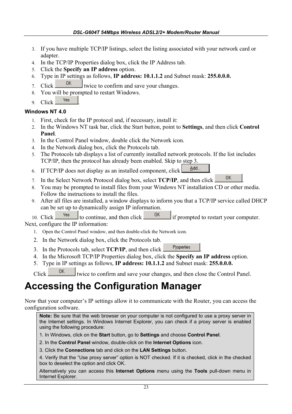 Accessing the configuration manager | D-Link WIRELESSADSLROUTER DSL-G604T User Manual | Page 23 / 92