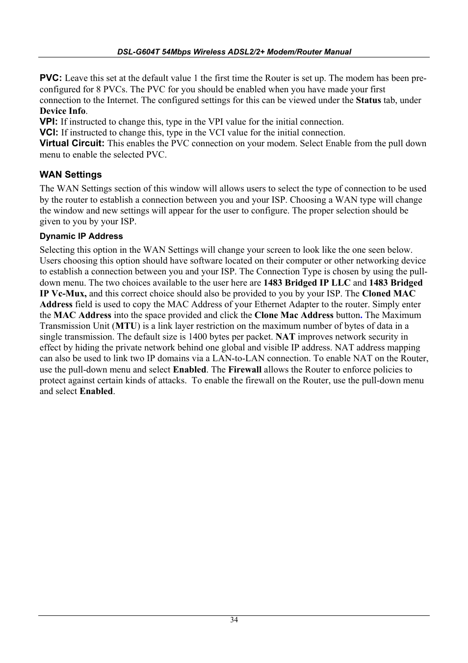 D-Link WIRELESSADSLROUTER DSL-G604T User Manual | Page 34 / 92