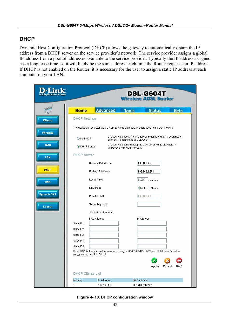 Dhcp | D-Link WIRELESSADSLROUTER DSL-G604T User Manual | Page 42 / 92