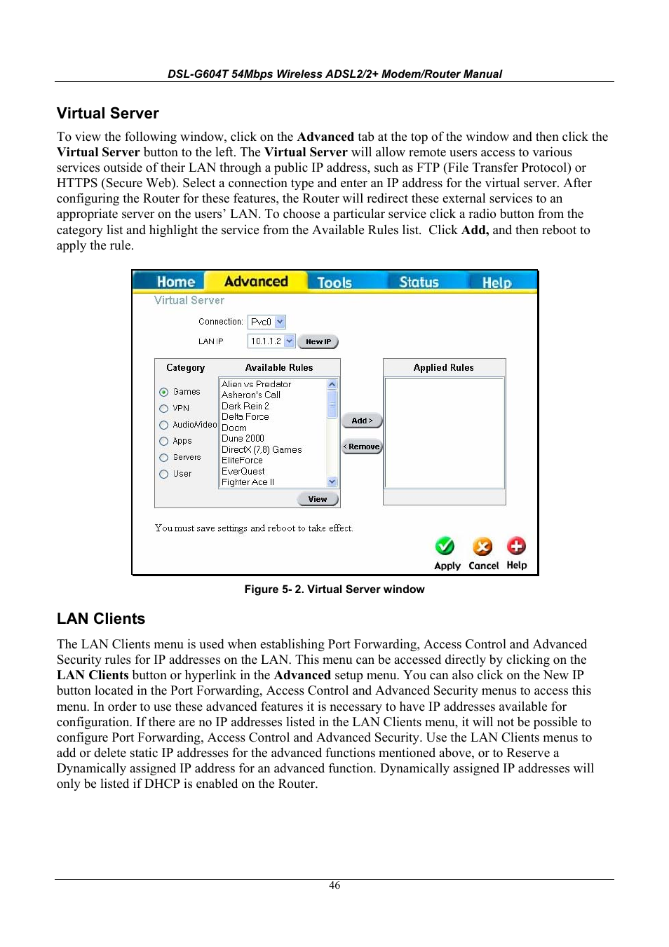 Virtual server, Lan clients | D-Link WIRELESSADSLROUTER DSL-G604T User Manual | Page 46 / 92