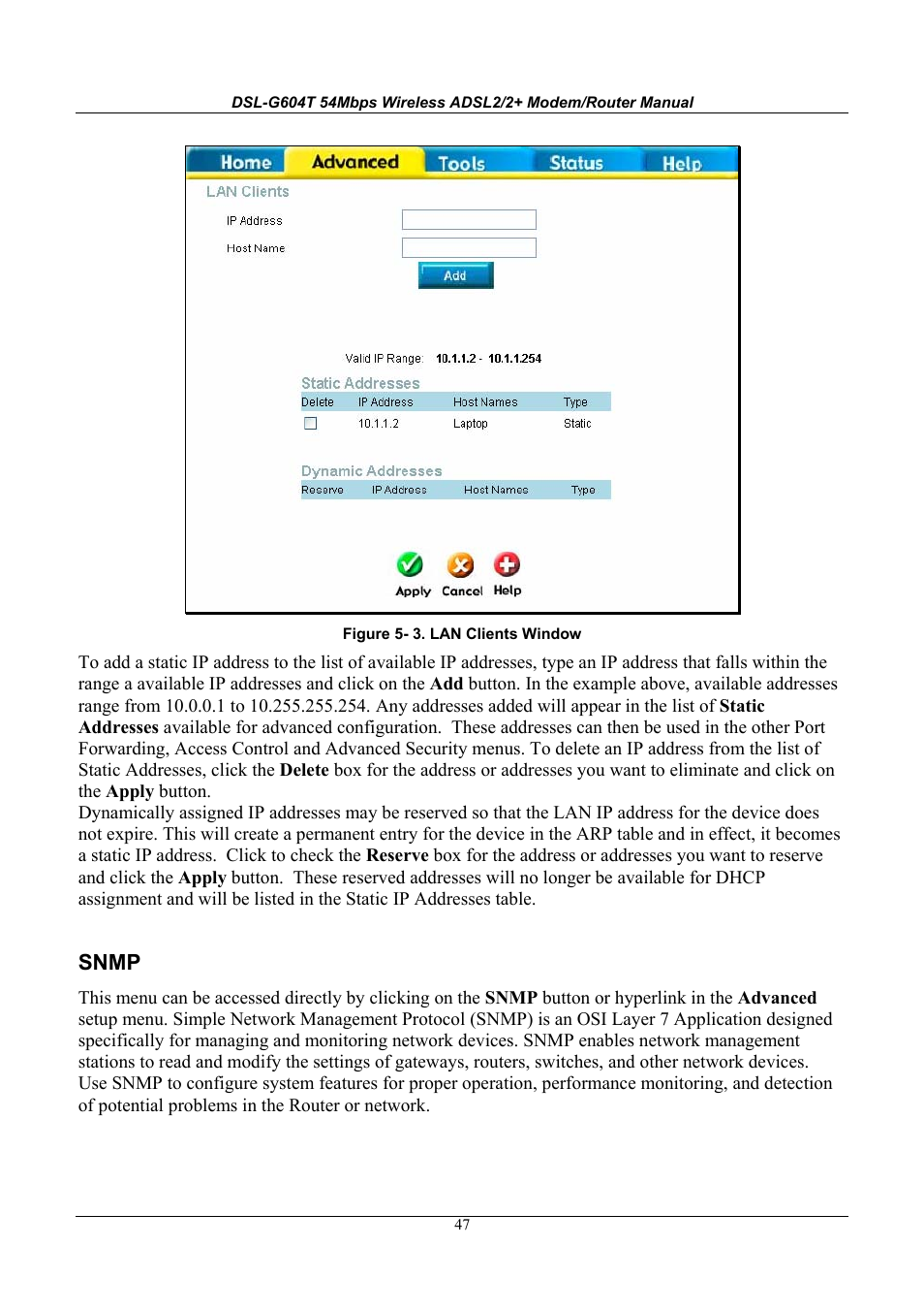 Snmp | D-Link WIRELESSADSLROUTER DSL-G604T User Manual | Page 47 / 92