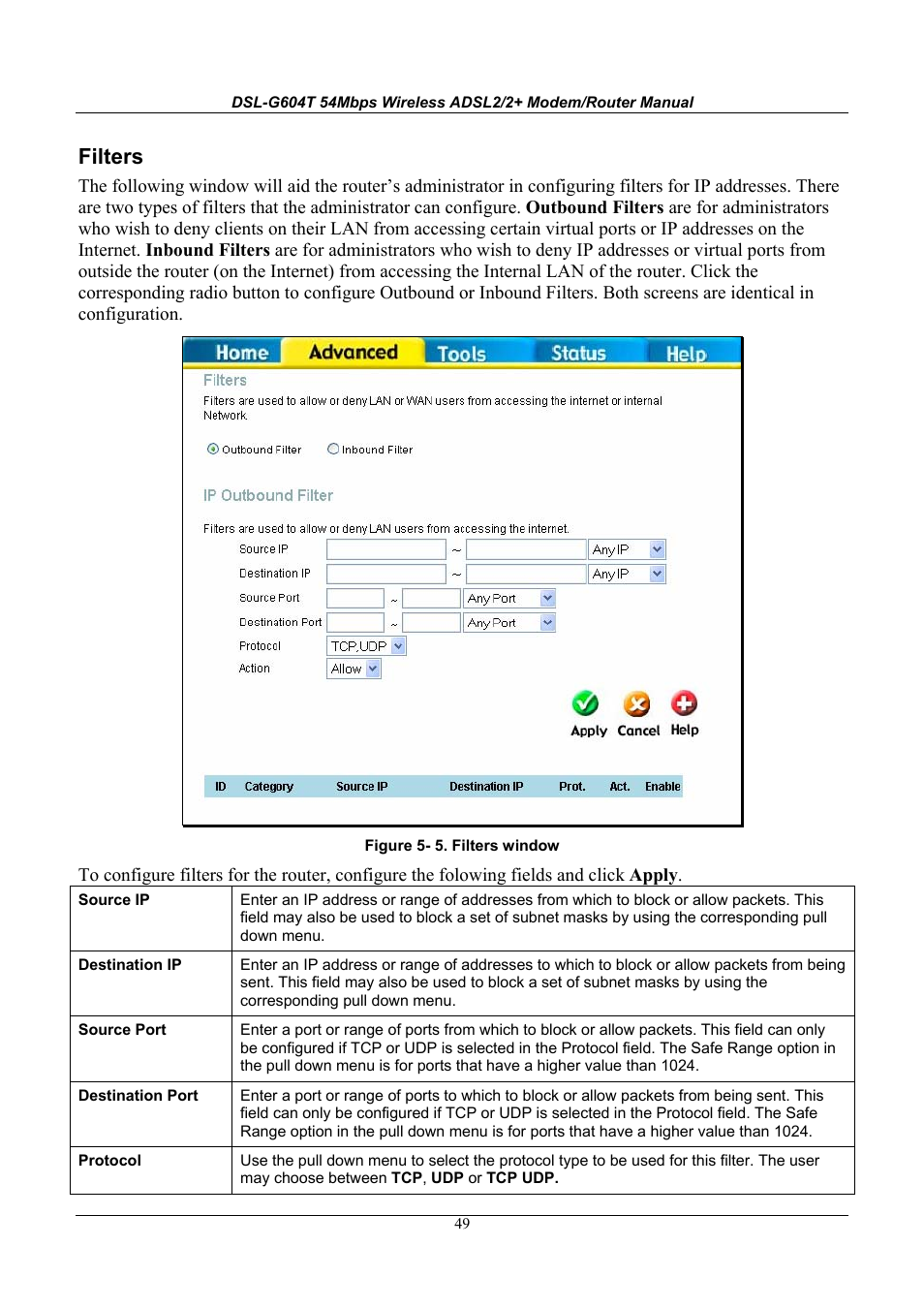 Filters | D-Link WIRELESSADSLROUTER DSL-G604T User Manual | Page 49 / 92