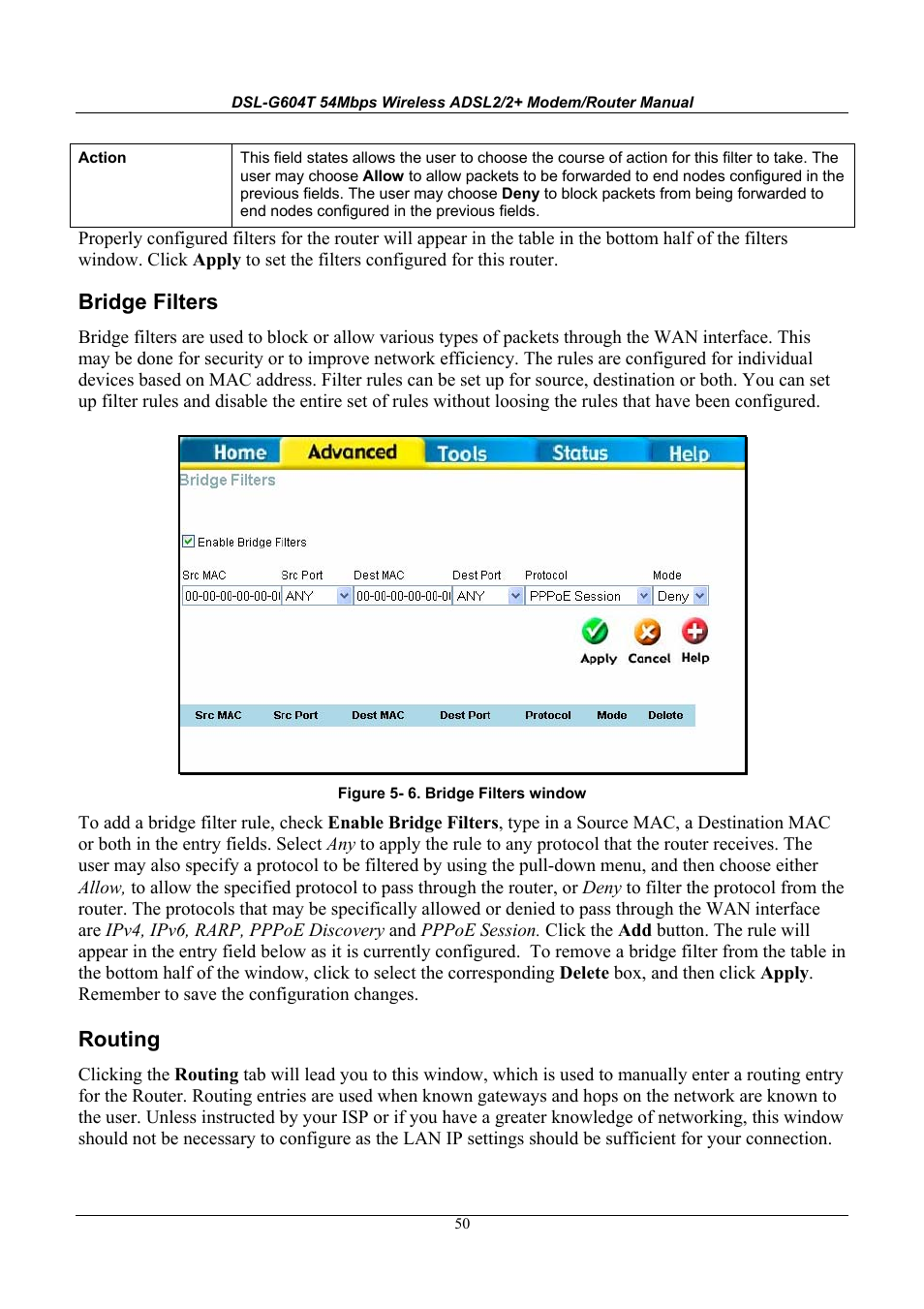 Bridge filters, Routing | D-Link WIRELESSADSLROUTER DSL-G604T User Manual | Page 50 / 92