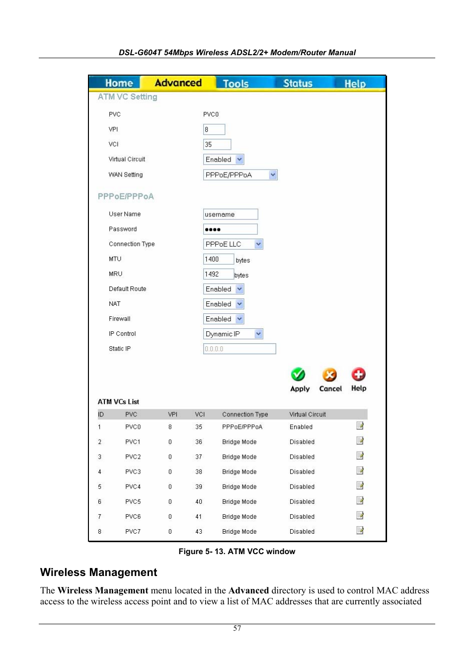 Wireless management | D-Link WIRELESSADSLROUTER DSL-G604T User Manual | Page 57 / 92