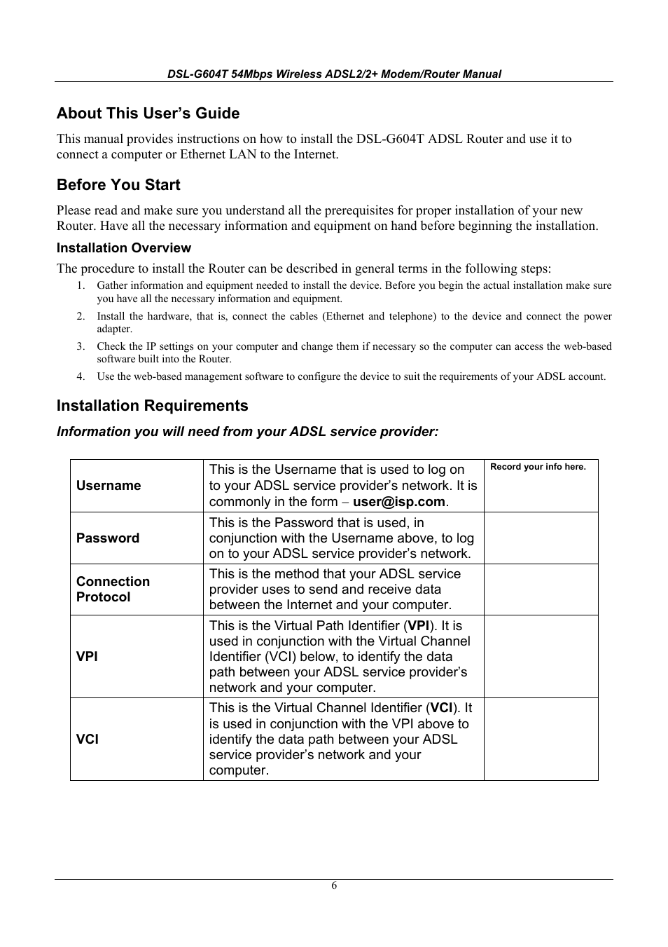 About this user’s guide, Before you start, Installation requirements | D-Link WIRELESSADSLROUTER DSL-G604T User Manual | Page 6 / 92