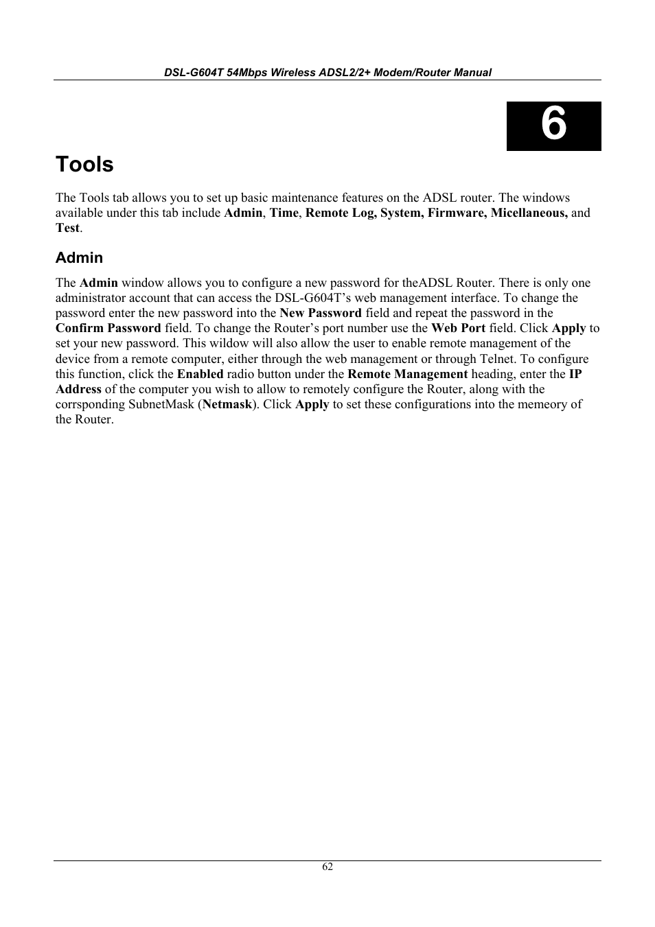 Tools | D-Link WIRELESSADSLROUTER DSL-G604T User Manual | Page 62 / 92