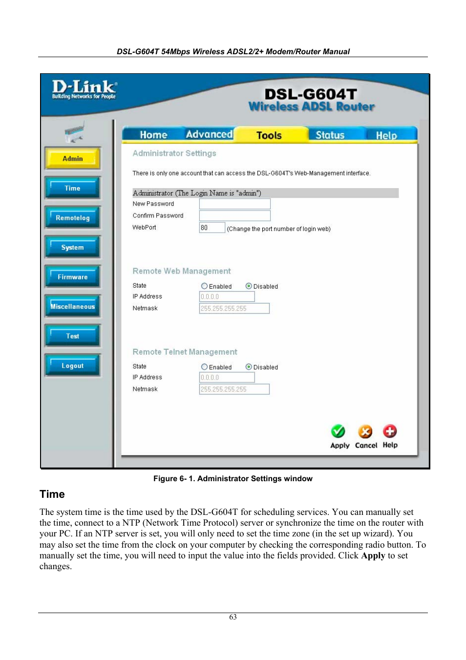 Time | D-Link WIRELESSADSLROUTER DSL-G604T User Manual | Page 63 / 92
