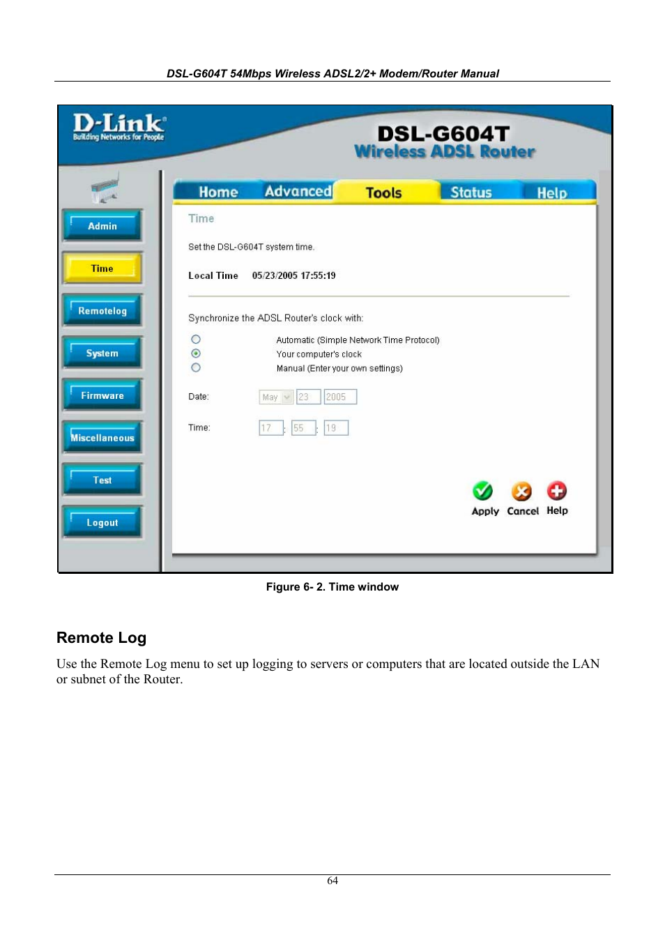 Remote log | D-Link WIRELESSADSLROUTER DSL-G604T User Manual | Page 64 / 92