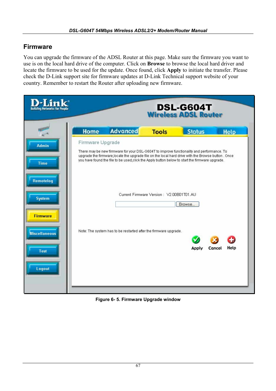 Firmware | D-Link WIRELESSADSLROUTER DSL-G604T User Manual | Page 67 / 92