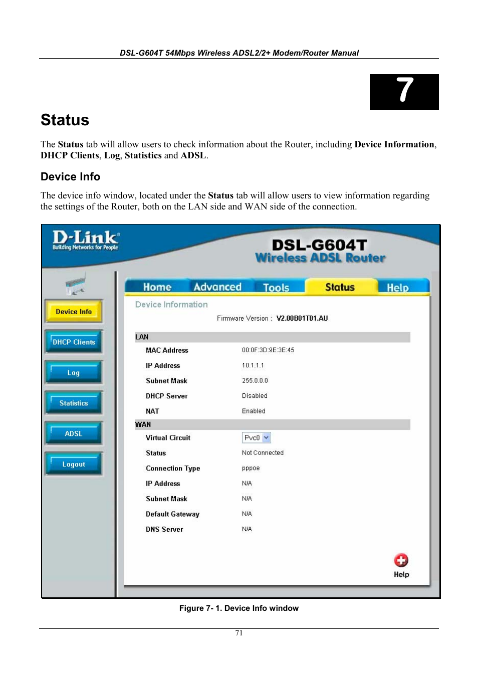 Status | D-Link WIRELESSADSLROUTER DSL-G604T User Manual | Page 71 / 92