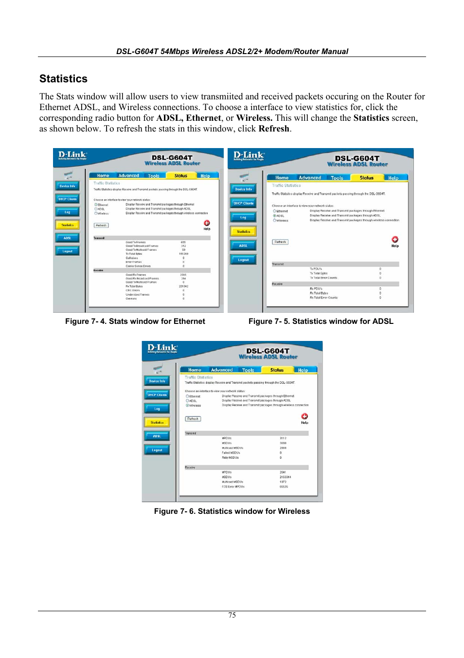 Statistics | D-Link WIRELESSADSLROUTER DSL-G604T User Manual | Page 75 / 92