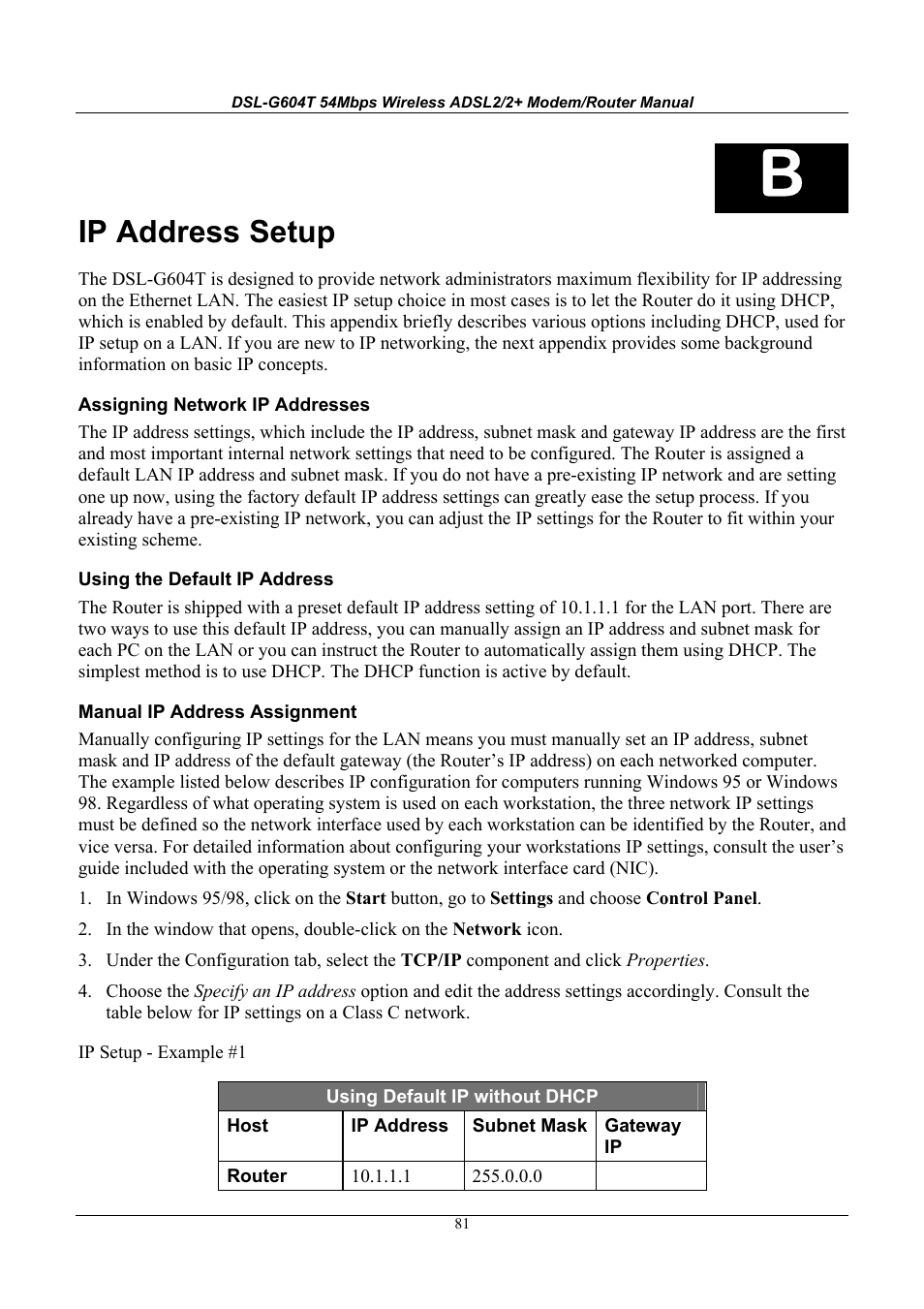 Ip address setup | D-Link WIRELESSADSLROUTER DSL-G604T User Manual | Page 81 / 92
