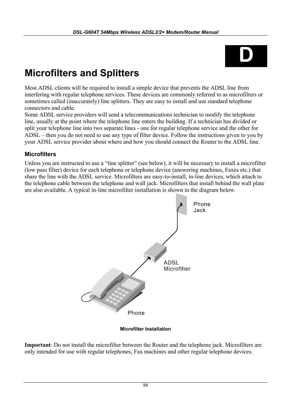 Microfilters and splitters | D-Link WIRELESSADSLROUTER DSL-G604T User Manual | Page 88 / 92