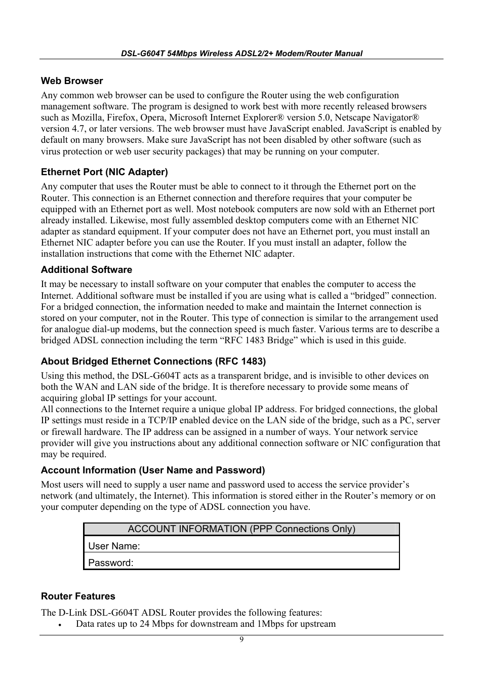 D-Link WIRELESSADSLROUTER DSL-G604T User Manual | Page 9 / 92