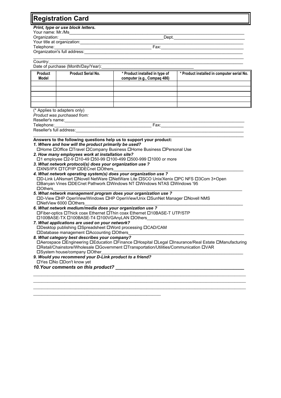 Registration card | D-Link WIRELESSADSLROUTER DSL-G604T User Manual | Page 91 / 92