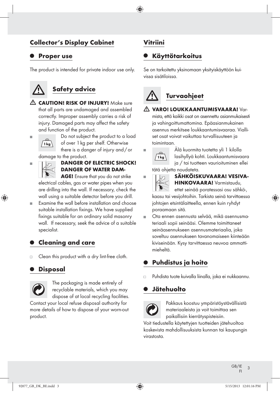 Collector’s display cabinet proper use, Safety advice, Cleaning and care | Disposal, Vitriini, Käyttötarkoitus, Turvaohjeet, Puhdistus ja hoito, Jätehuolto | Livarno Z30956 User Manual | Page 3 / 11