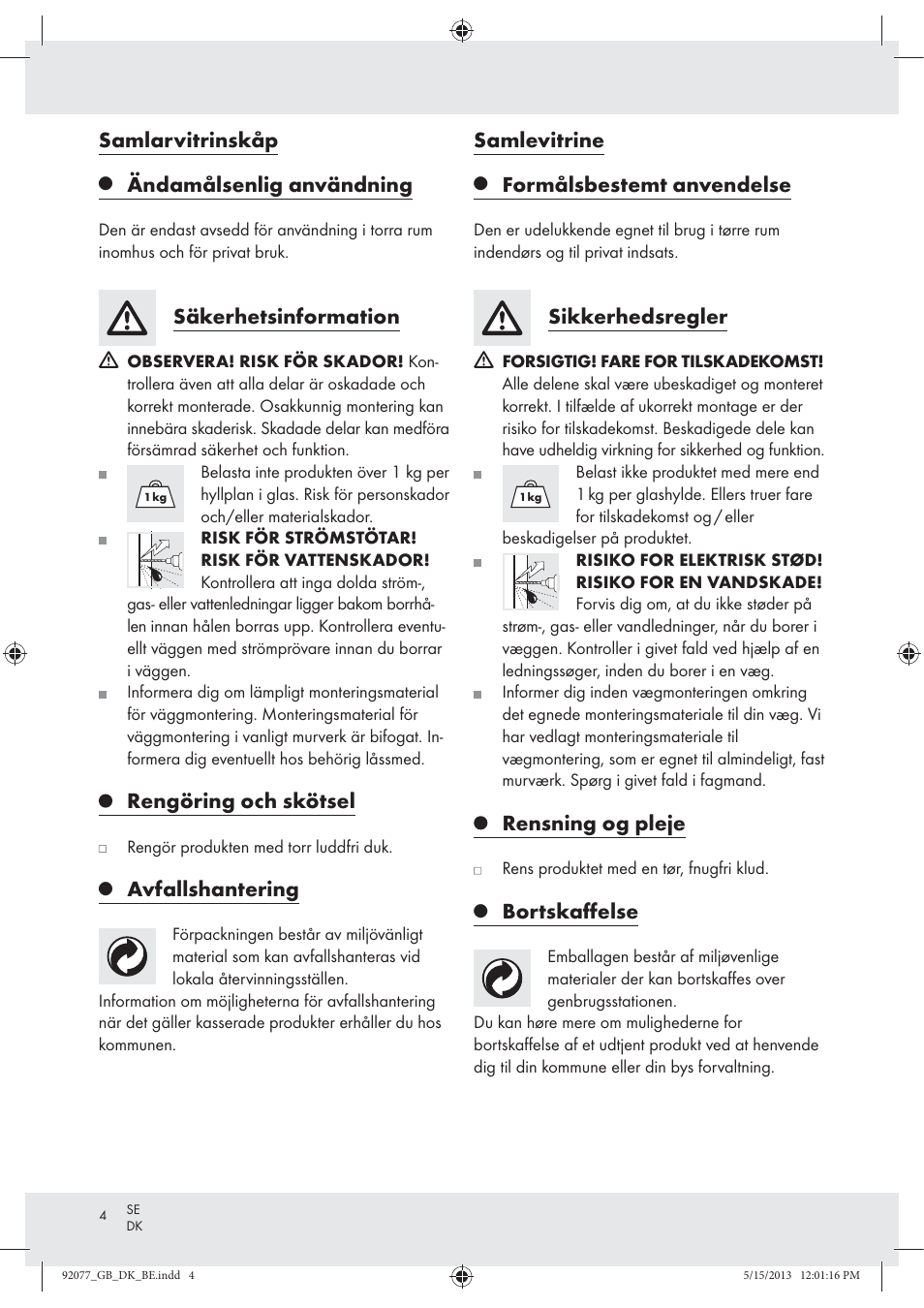 Samlarvitrinskåp, Ändamålsenlig användning, Säkerhetsinformation | Rengöring och skötsel, Avfallshantering, Samlevitrine, Formålsbestemt anvendelse, Sikkerhedsregler, Rensning og pleje, Bortskaﬀelse | Livarno Z30956 User Manual | Page 4 / 11