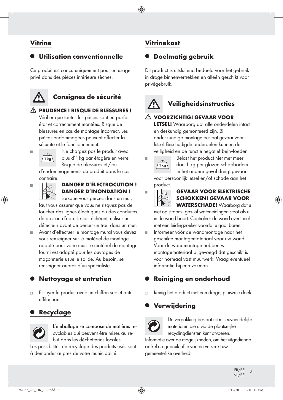 Vitrine, Utilisation conventionnelle, Consignes de sécurité | Nettoyage et entretien, Recyclage, Vitrinekast, Doelmatig gebruik, Veiligheidsinstructies, Reiniging en onderhoud, Verwijdering | Livarno Z30956 User Manual | Page 5 / 11