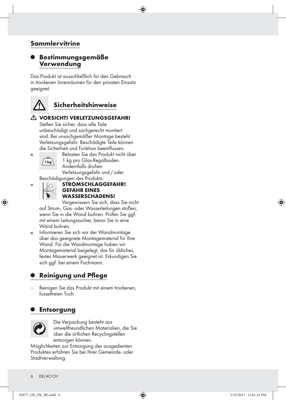 Sammlervitrine bestimmungsgemäße verwendung, Sicherheitshinweise, Reinigung und pﬂege | Entsorgung | Livarno Z30956 User Manual | Page 6 / 11