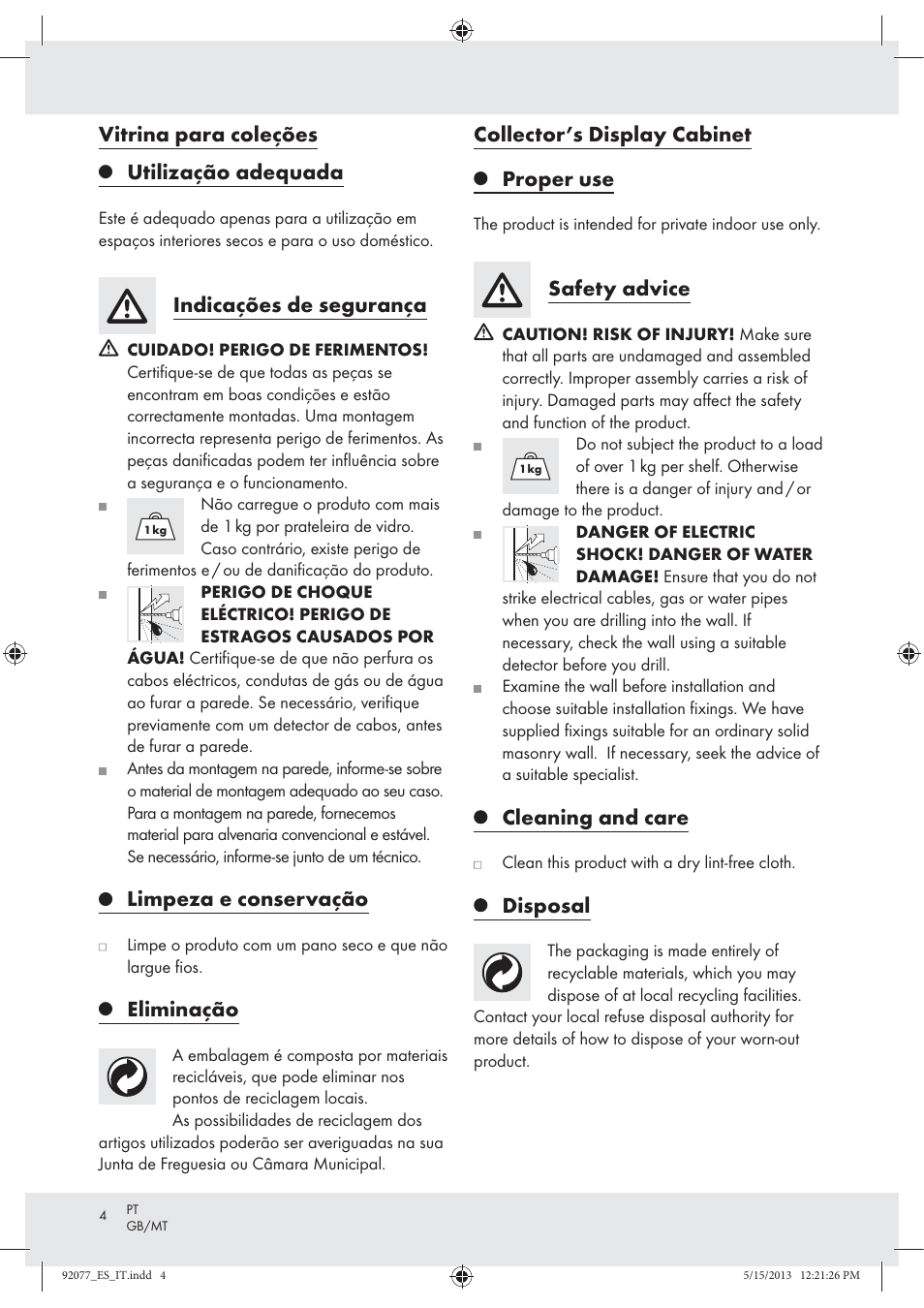 Vitrina para coleções, Utilização adequada, Indicações de segurança | Limpeza e conservação, Eliminação, Collector’s display cabinet proper use, Safety advice, Cleaning and care, Disposal | Livarno Z30956 User Manual | Page 4 / 10