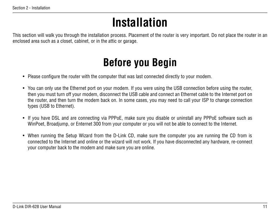 Installation, Before you begin | D-Link DIR-68 User Manual | Page 11 / 98