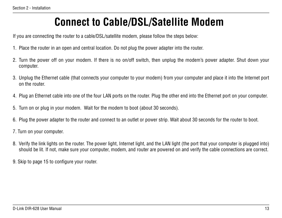 Connect to cable/dsl/satellite modem | D-Link DIR-68 User Manual | Page 13 / 98